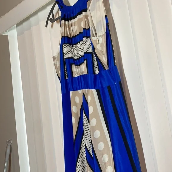 ELIZA J Blue Polka Dot Scarf Print Crepe de Chin Fit & Flare Halter Maxi Dress - Picture 8 of 12